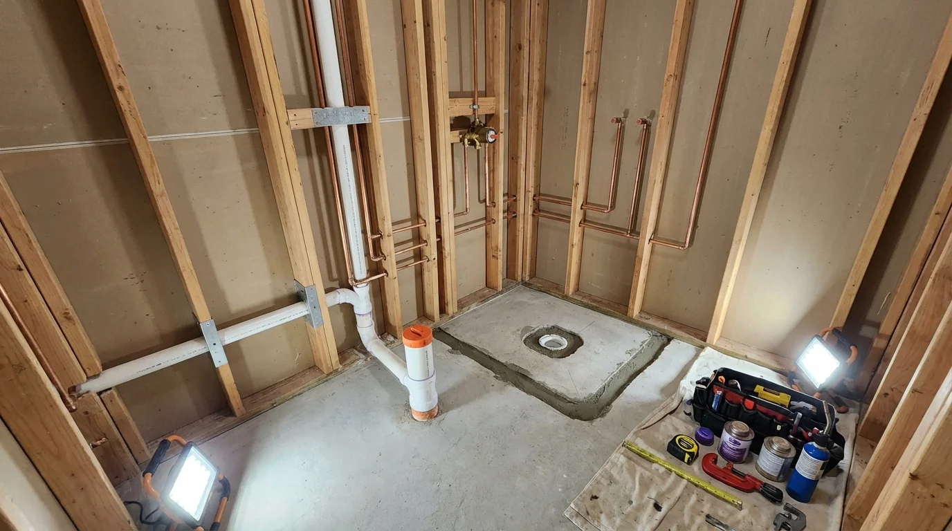 Bathroom rough-in plumbing during remodel by Johns Plumbing LLC in Tilden