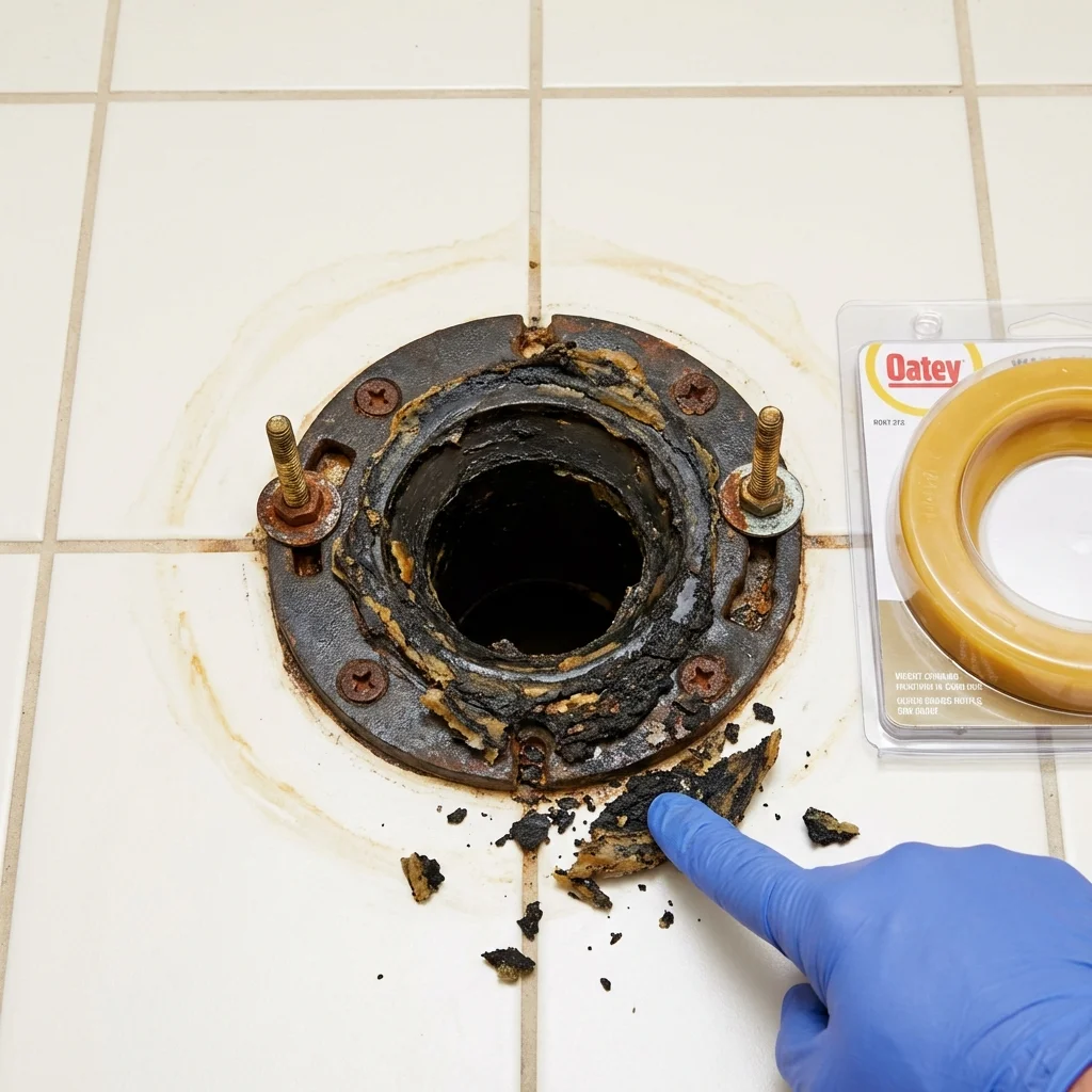 Failed wax ring showing water seepage at the base of a toilet in a Tilden, TX home