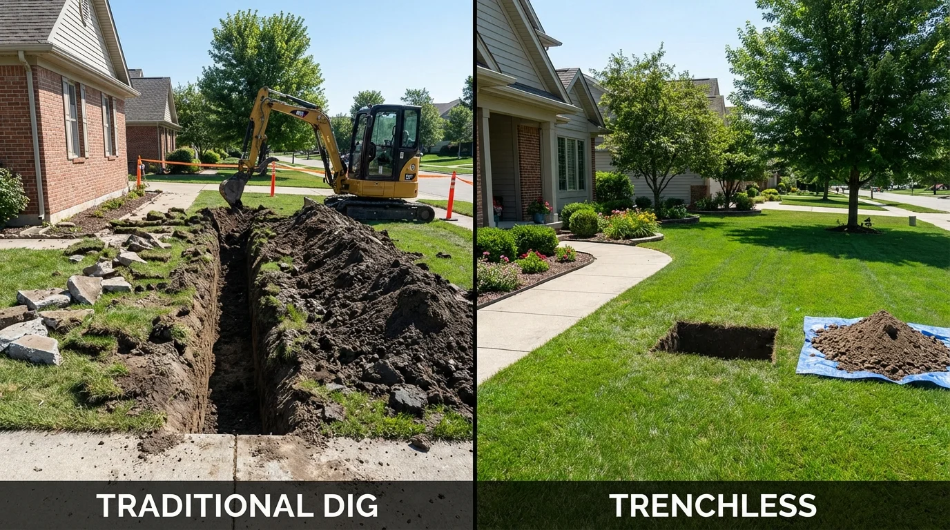 Trenchless sewer repair with minimal yard damage versus traditional excavation in Tilden, TX