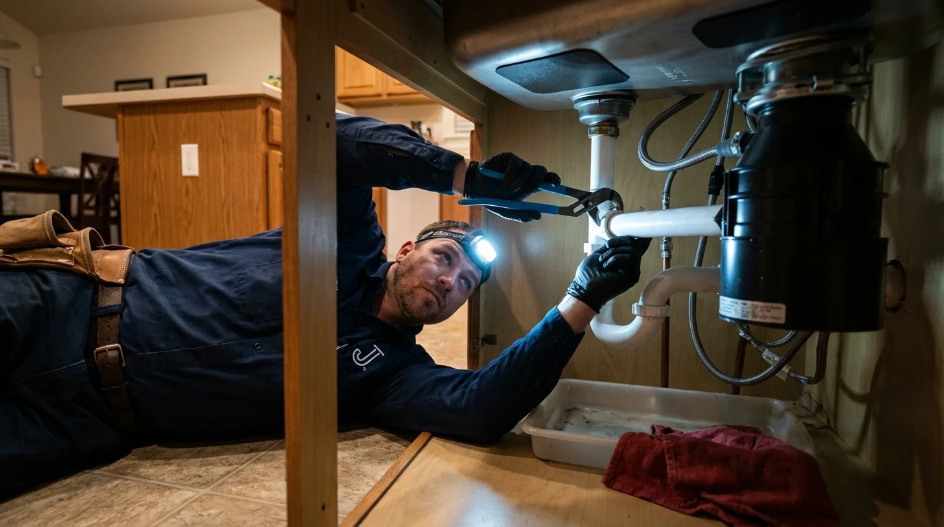 P-trap and supply line connections under a kitchen sink showing a common leak point in Tilden, TX